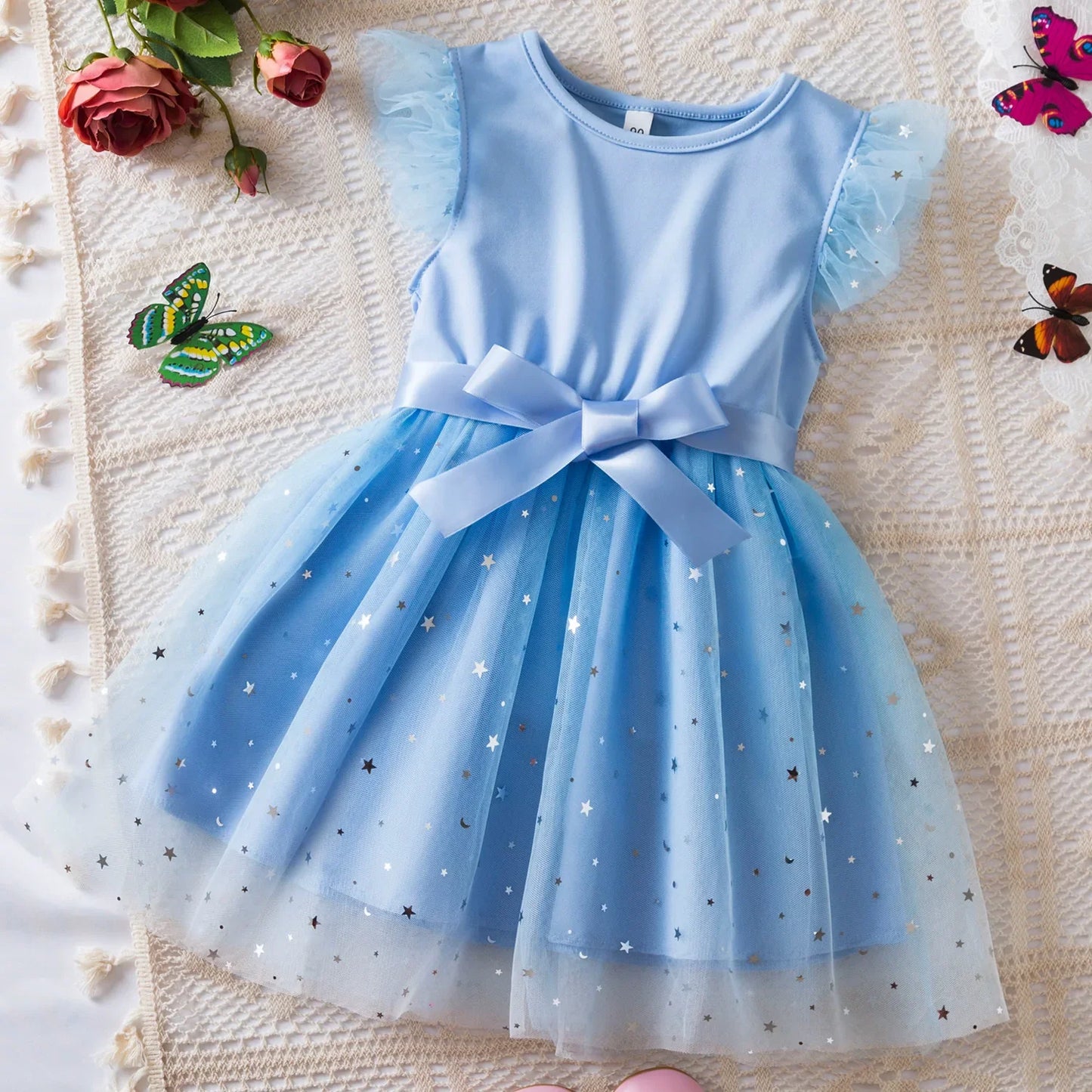 Rumi Girls Sequin Tutu Dress with Bow Flutter Sleeves Summer Princess Party Outfit for Toddler Kids 2-6 Years