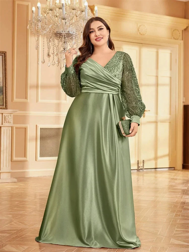 Plus Size Luxury Green V-Neck Sequins Evening Dress Elegant Women Party Maxi Dress Long Sleeve Cocktail Gowns Prom