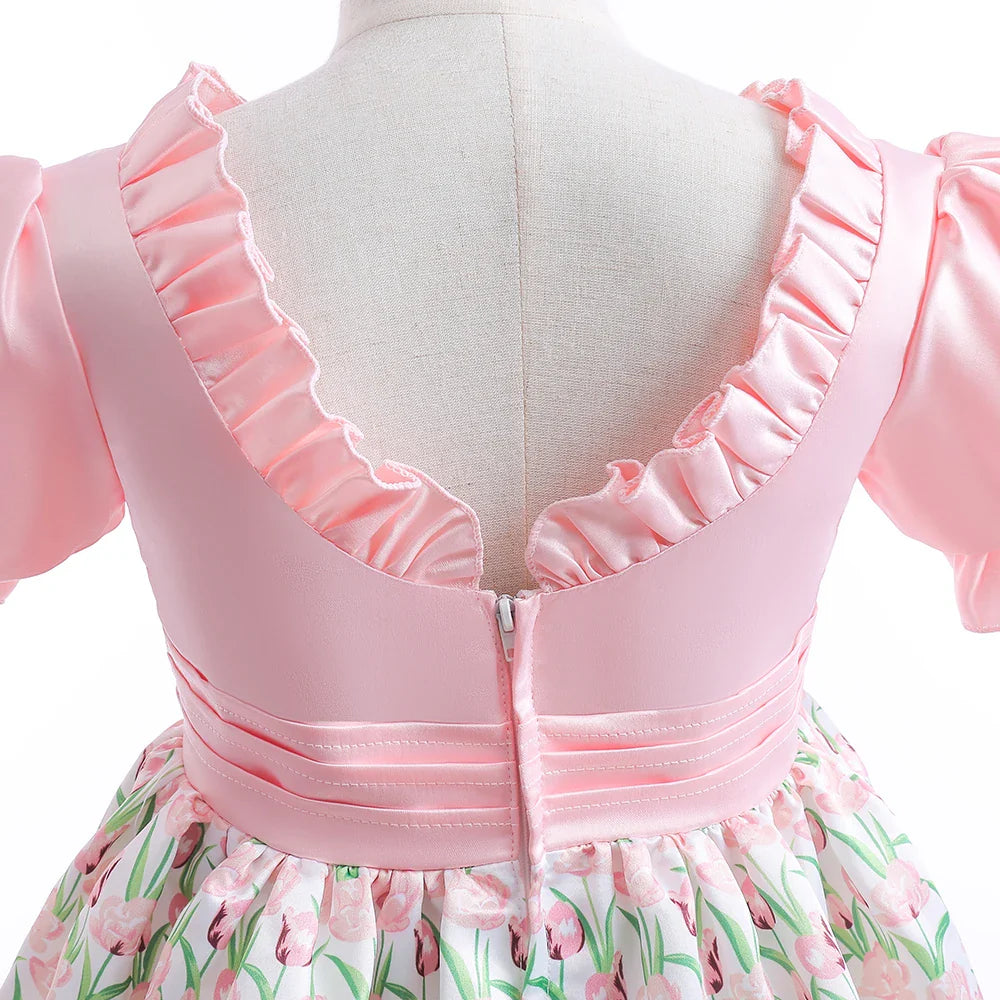 Summer Girls Dress With Bag Elegant Kid Floral Print Princess Party Dresses For Girl Children Costume Birthday Wedding Prom Gown