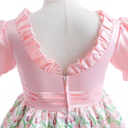 Summer Girls Dress With Bag Elegant Kid Floral Print Princess Party Dresses For Girl Children Costume Birthday Wedding Prom Gown