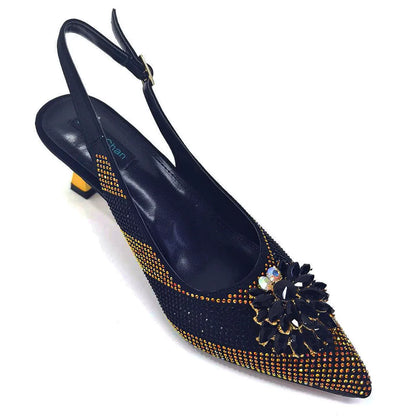 Italian Design Rhinestone Luxury Green Colour Pointed Toe Shoe & Bag Set Women's High Heels for Parties High Quality