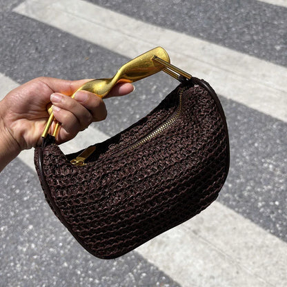 Metal Handle Straw Bags for Women Half Moon Rattan Woven Chain Shoulder Bag Bohemian Travel Beach Bag Designer Crossbody Handbag