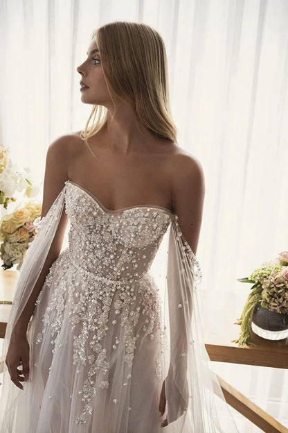 Sparkling Bohemian Wedding Dresses Off The Shoulder Beaded With Pearls Appliques Wedding Gown Boho Bridal Dresses Customized