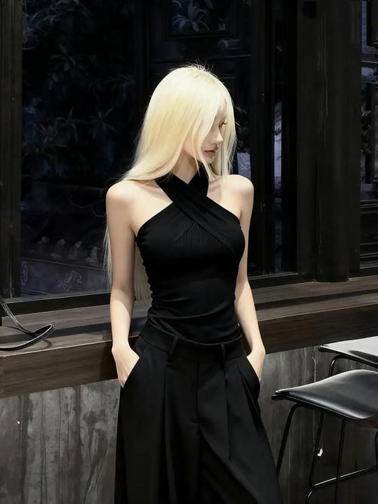 Solid Cross  Tank Top Women Sleeveless Chic 2000s Clothes Y2k Summer Tops New 2026 Korean Fashion Gothic Tanks Tshirt