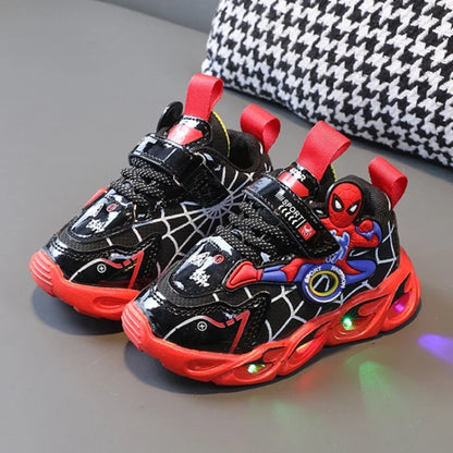 Disney Children's Sneakers Boys Cartoon Spiderman Led Light Sport Shoes Student Shoes Hook Anti-slip Kids Outdoor Shoes