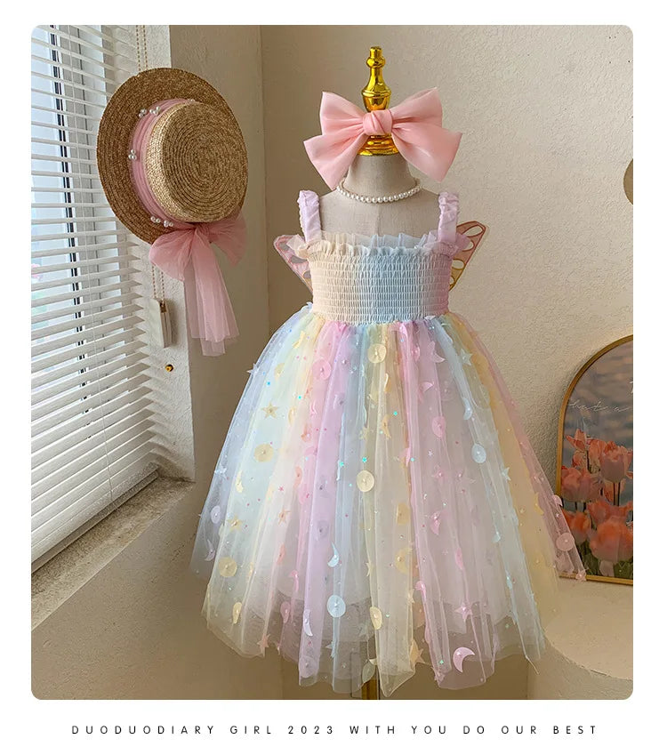 Korean Style New Summer Baby Girl Princess Dress Square Collar Mesh Sleeveless Dresses Children Clothing E23076