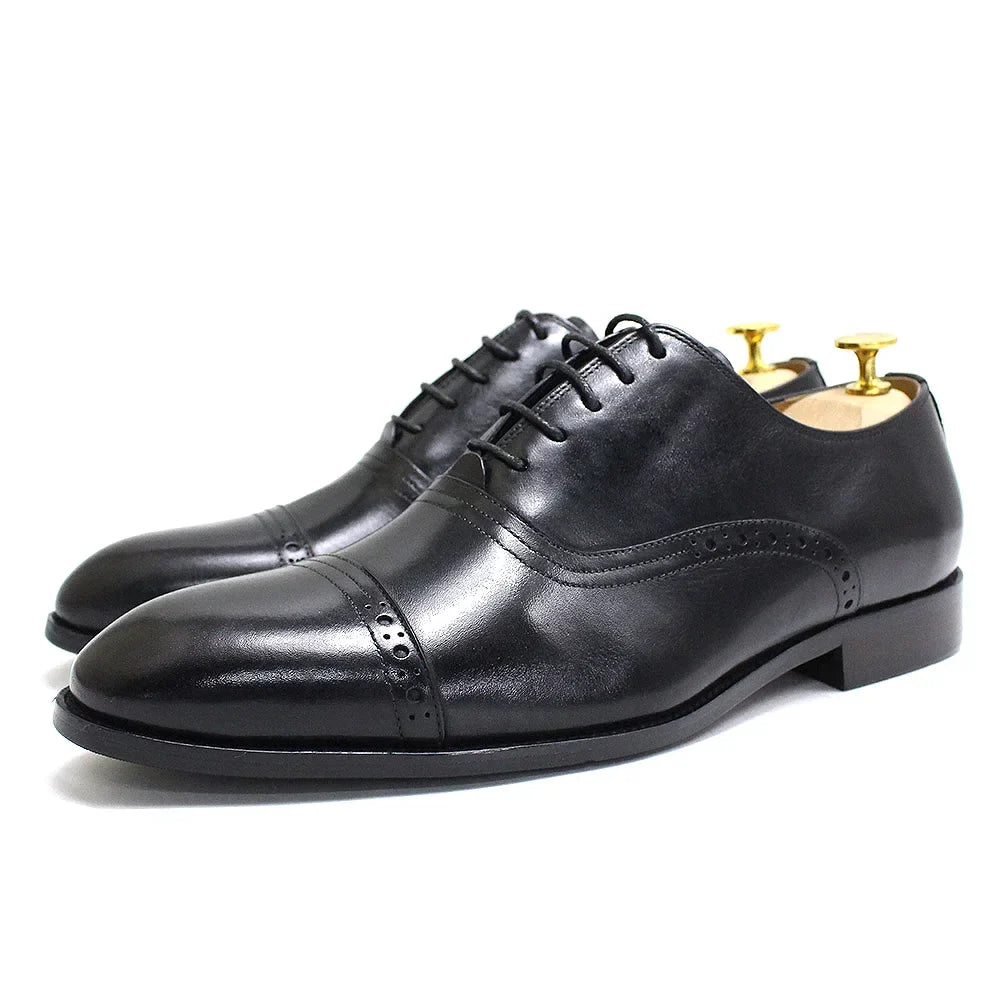 Men's Genuine Leather Oxfords Handmade Cap Toe Dress Shoes Lace-Up Formal Wedding Shoes Business Office Male Footwear