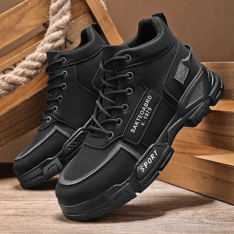 Men's High-Top Windproof Hiking Boots with Thick Sole & Height Increase - - Outdoor Boots Suitable for Trekking, Work, Winter -