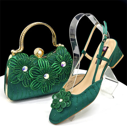 Party Shoes and Bag Ladies Heel Decoration Pure Elegant Flower Wedding Shoes and Bag Full Rhinestone Fashion Handbag