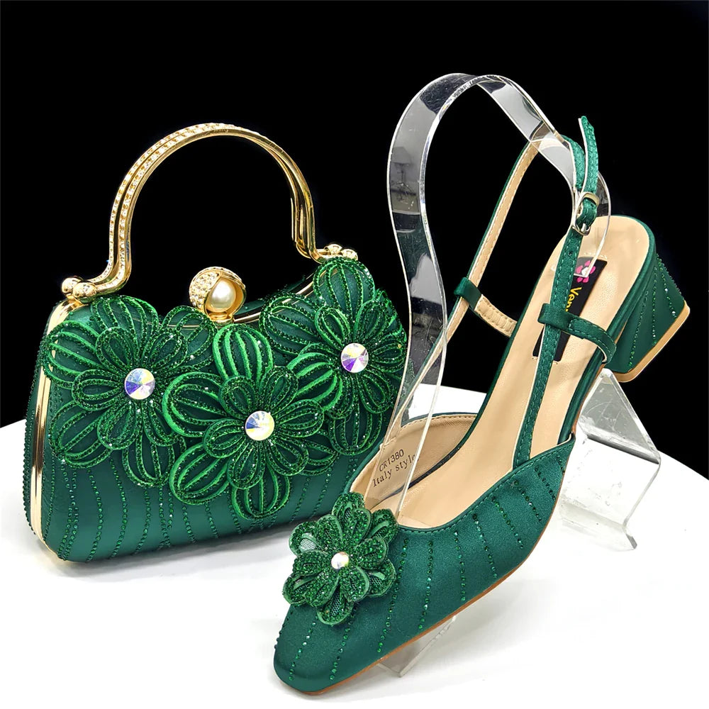 Elegant Italian Women's Blue Color Rhinestone Heels with Floral Design & Matching Clutch Bag Set - Perfect for Parties