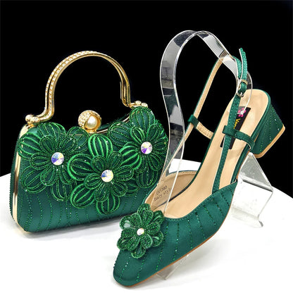 Elegant Italian Women's Blue Color Rhinestone Heels with Floral Design & Matching Clutch Bag Set - Perfect for Parties