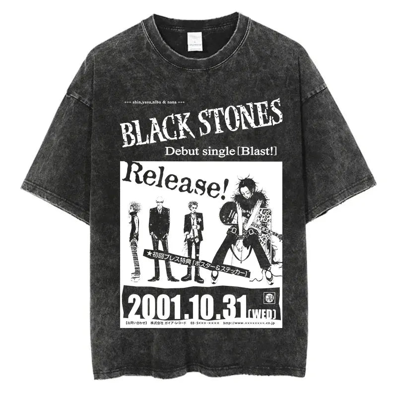 Japanese Anime Nana Osaki Print Vintage Washed Tshirt Harajuku Streetwear Graphic T-Shirt Summer Short Sleeve Cotton Tshirt
