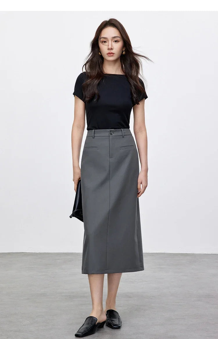 Retro Straight Tube Midi Skirt For Women Spring 2026 Preppy Style High Waist Slimming Split Mid Length Skirt 151Q59211