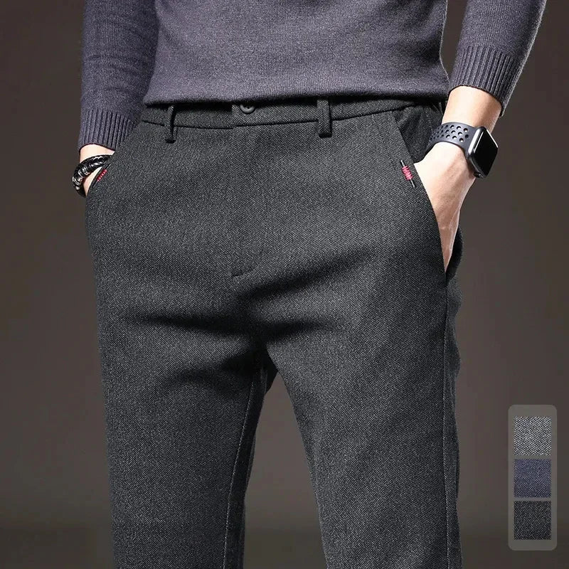 Autumn Winter Thick Men's Casual Pants Brushed Fabric Straight Slim Business Fashion Trousers Stretch Korean Male Clothing