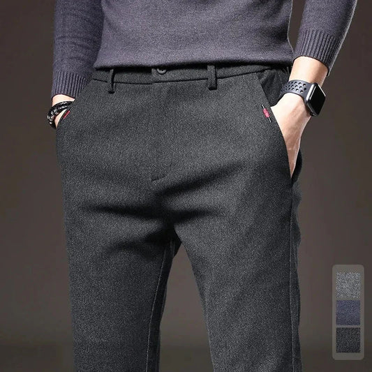 Autumn Winter Thick Men's Casual Pants Brushed Fabric Straight Slim Business Fashion Trousers Stretch Korean Male Clothing