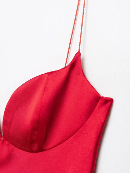 Women Red V-Neck Holiday Style Satin Texture Long Dress Sleeveless Summer Women's Back Zipper Fashion Sling Dresses
