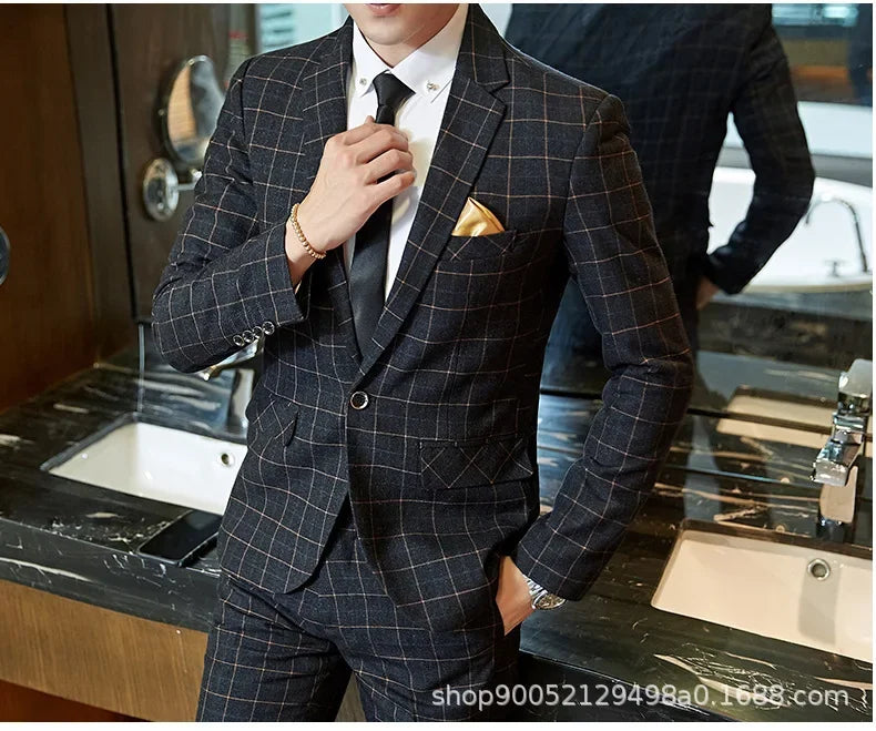 Men's Slim Fit Plaid Wedding Suit Jacket Korean Style Business Casual Single-breasted Suit with Set Wedding Groomsmen Wear