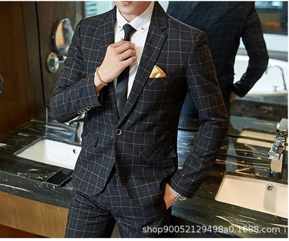 Men's Slim Fit Plaid Wedding Suit Jacket Korean Style Business Casual Single-breasted Suit with Set Wedding Groomsmen Wear