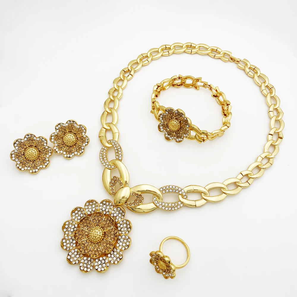 Vintage Jewelry Sets For Women Plant Flower Big Pendant Quality Necklace Earrings Ring Bracelet Set Jewelry Trending