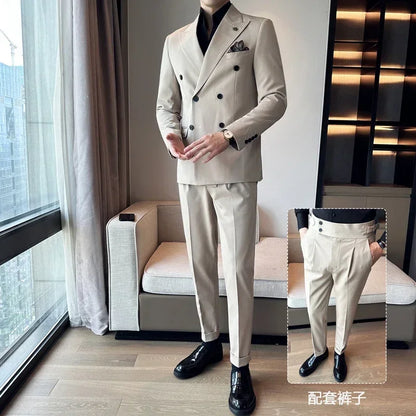 (Jackets+Pants) Luxury Double Breasted Design Slim Fit Suit High Quality Fashion Men's Wedding Social Suit Tuxedo 2 Piece Set