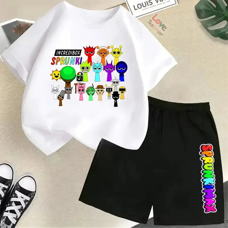 Set of 2 Pieces of T-Shirt and Shorts Sprunki for Kids, Anime Design, Pants Suit for Boys and Girls, Kawaii Summer Outfits
