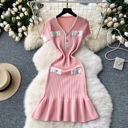 Fashion Knitted Mermaid Dress 2026 New Elegant V-neck Buttons Ribbed Sweater Dress Lady Bodycon Party Vestidos