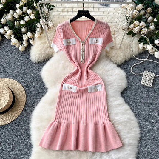Fashion Knitted Mermaid Dress 2026 New Elegant V-neck Buttons Ribbed Sweater Dress Lady Bodycon Party Vestidos