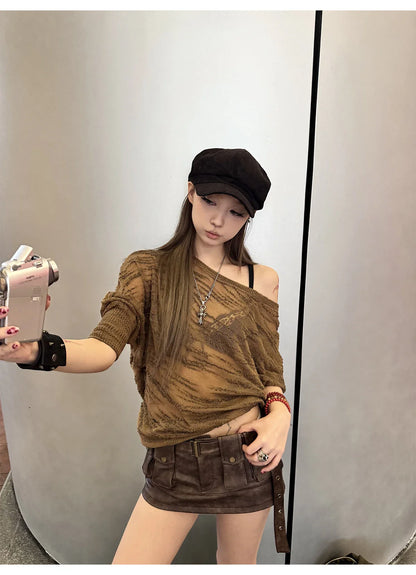 Spring Summer Cool Sexy Vintage Distressed Brown Pu Leather Mini Skirt Women Three-dimensional pockets Belt Streetwear