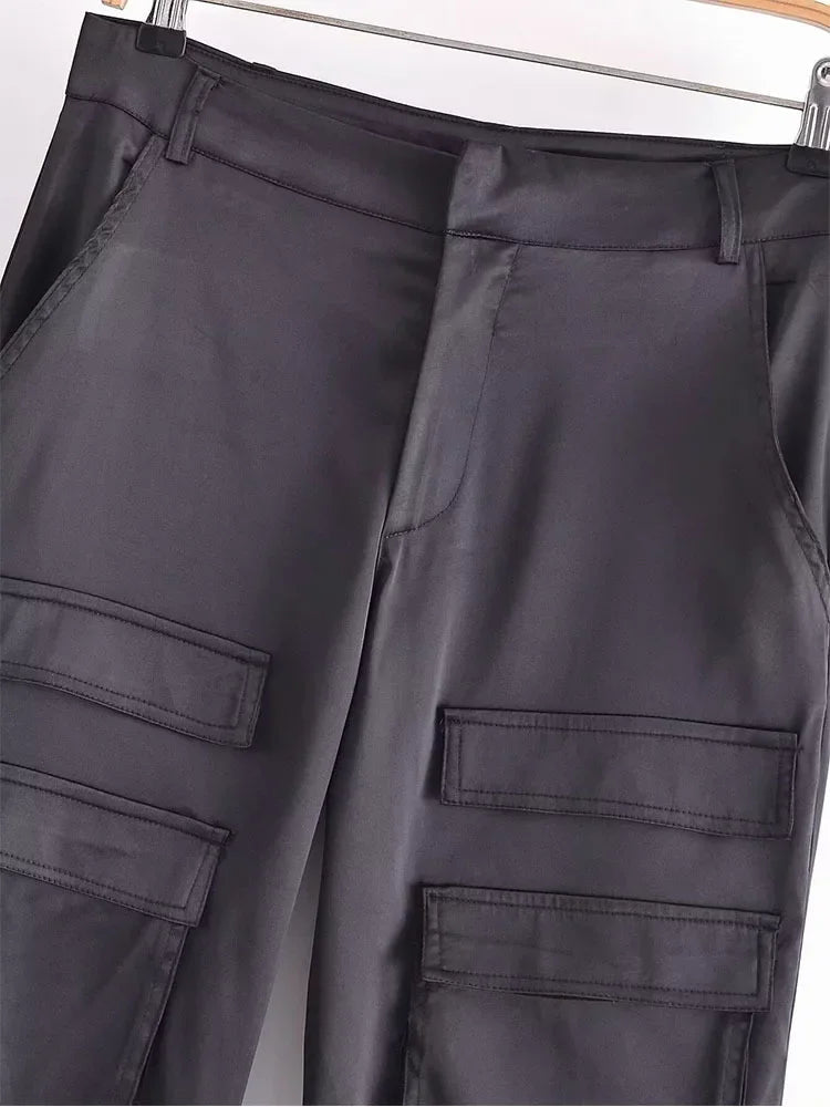 Women Fashion with Pockets Versatile High-waist Slim Multi-pocket Silk Satin Texture Straight Overalls