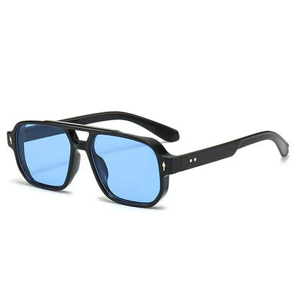 Vintage Double Bridges Men Square Sunglasses Fashion Green Ocean Lens UV400 Eyewear Women Trending Rivets Sun Glasses