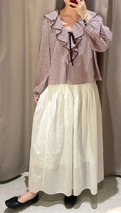 Elegant Fashion Chidori Plaid Ruffles Chiffon Shirt Spring 2025 Ruffled Neck Long Butterfly Sleeve Loose Tops Women's Clothing