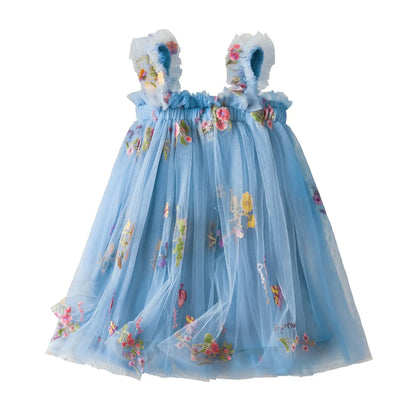 Outdoor Summer Cute Princess Dress Toddler Baby Girls Embroidery Flower Suspender Mesh Dresses Birthday Party Princess Dresses