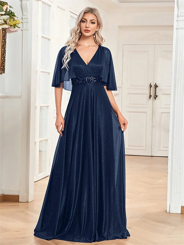 Vestidos de Festa Formais Elegantes com Decote em V e Manga Morcego, Longos e Luxuosos, com Lantejoulas para Mulheres, Casamento, Coquetel, Baile de Formatura