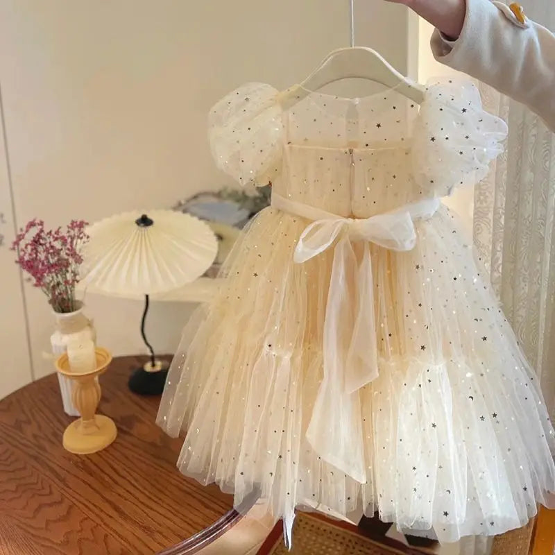 Summer Dresses Girls' Elegant Dress Girl Baby Bubble Sleeve Mesh Sequin Dress Temperament Princess Party Short Sleeve Dress
