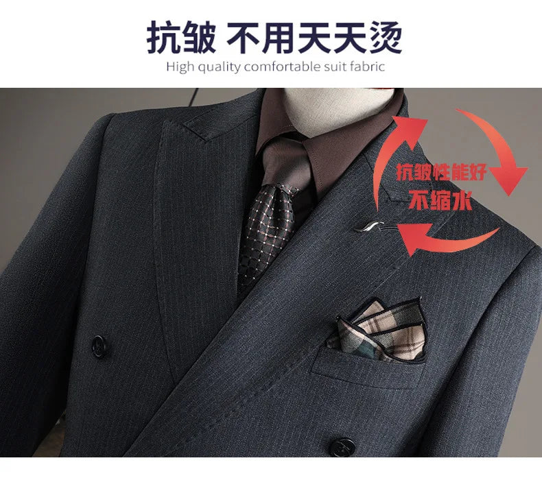 Terno Masculino de Alta Qualidade Formal Social Slim Fit Abotoamento Duplo Listrado Conjunto de Terno Noivo Casamento Roupa de Festa Smoking Roupa Masculina