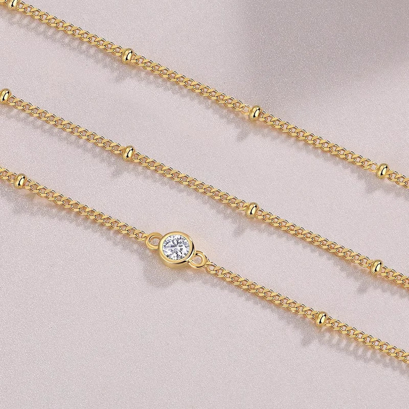 Round Bezel Full 0.1CT 3mm D Color Moissanite Diamond Link Bracelet for Women 925 Silver Adjustable 17-22cm Finger Chain