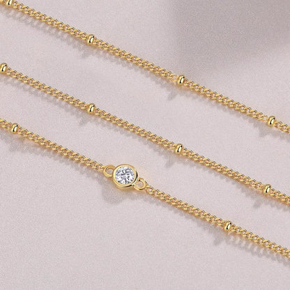 Round Bezel Full 0.1CT 3mm D Color Moissanite Diamond Link Bracelet for Women 925 Silver Adjustable 17-22cm Finger Chain