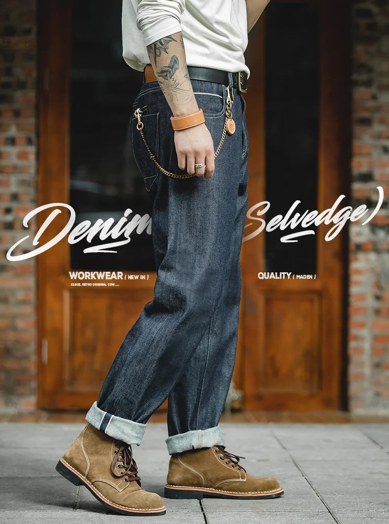 Vintage 13.5oz Heavyweight Selvedge Raw Denim Jeans Men's Straight Fit Cotton Jeans Casual Pocket Trousers Fall Winter