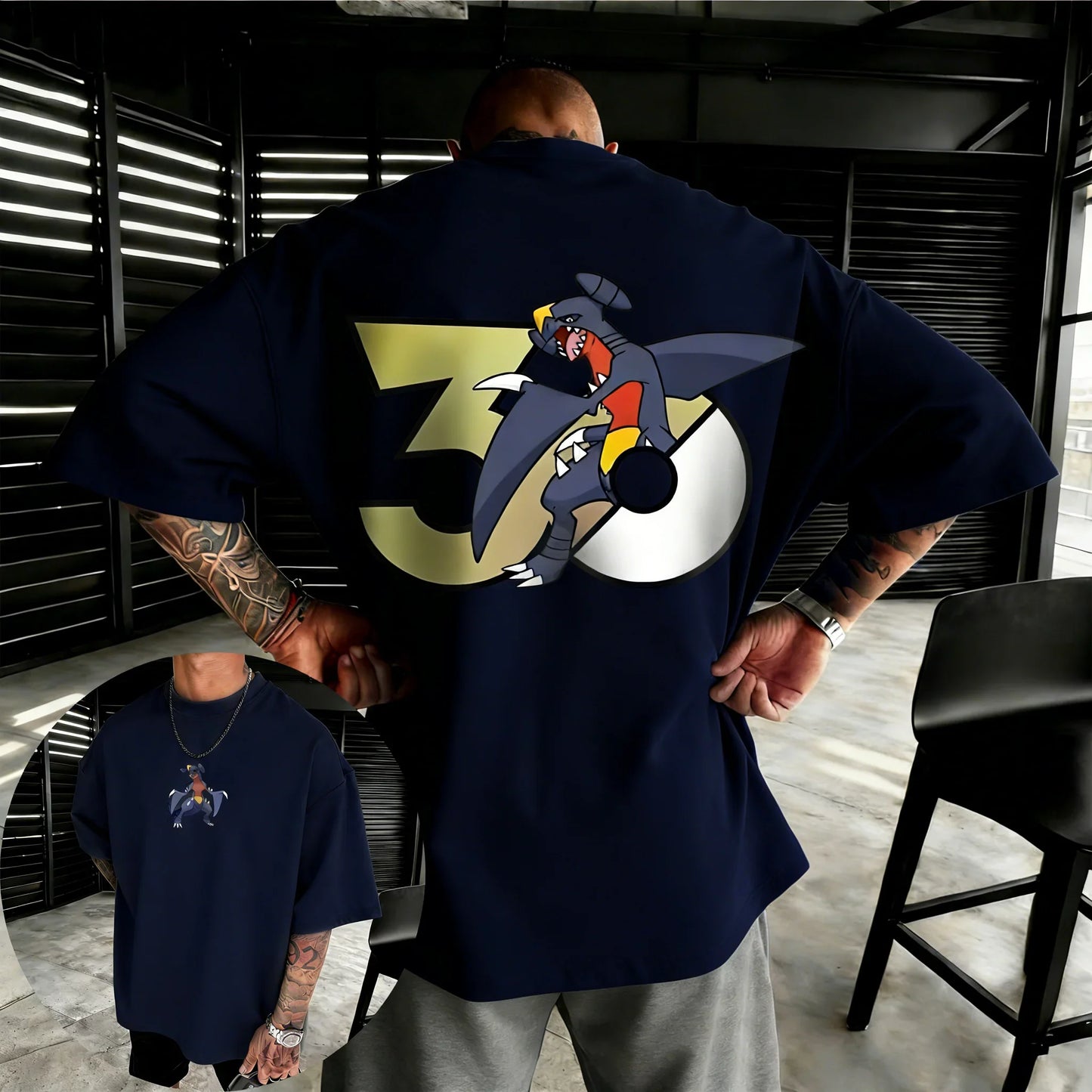 30th Anniversary Garchomp Printed T-shirt Summer Men's and Women's Loose Casual Hip Hop Trendy Short Sleeve Top