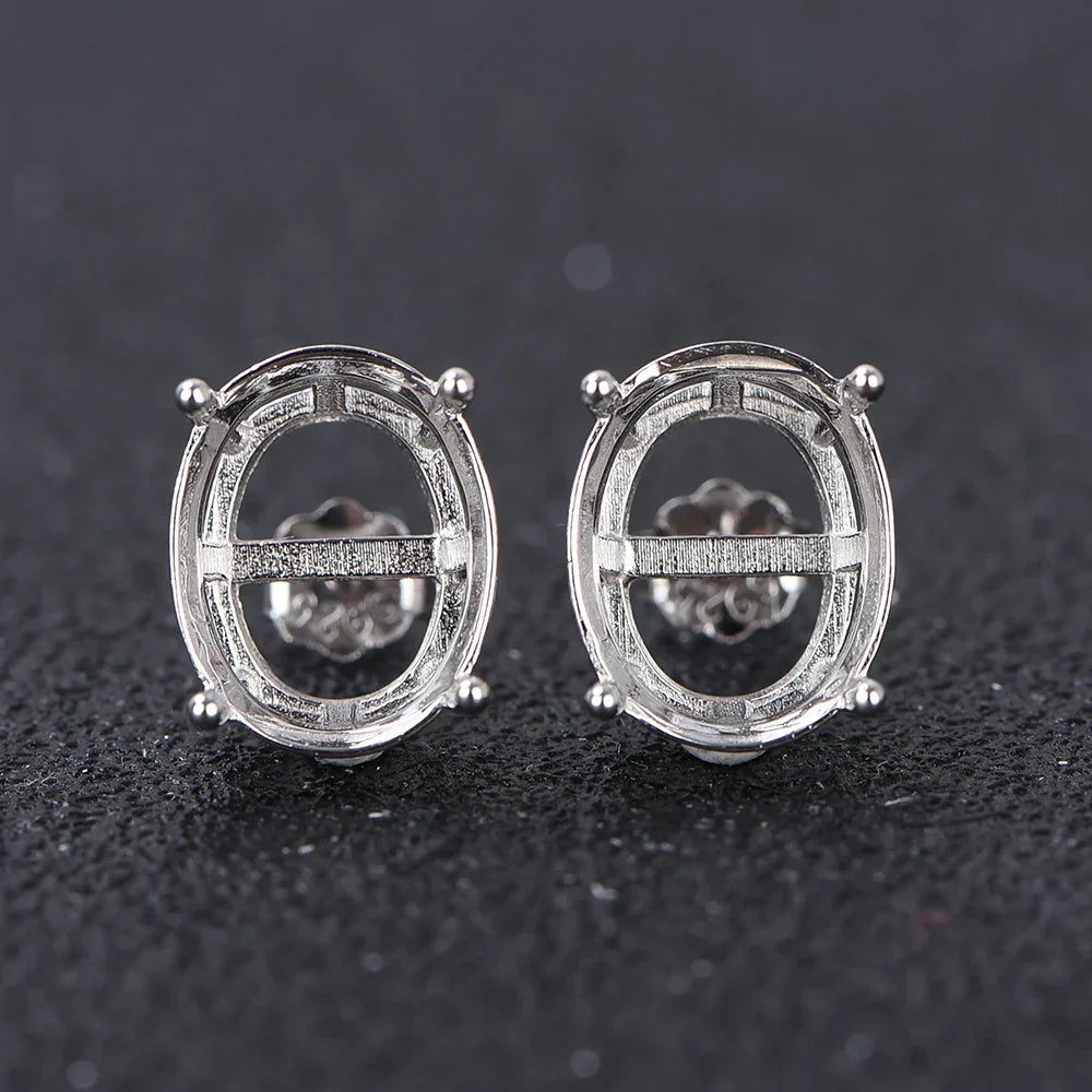 Oval 4-prong silvery Golden Rose golden color solid 925 sterling silver stud earring settings DIY jewelry supplies