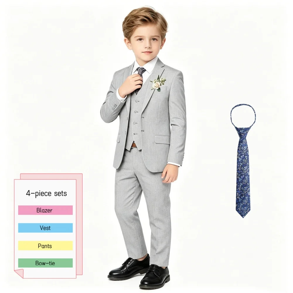 Boys’ Slim Fit 4-Piece Gray Suit Set for Weddings & Formal Events