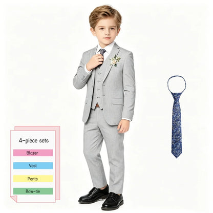 Boys’ Slim Fit 4-Piece Gray Suit Set for Weddings & Formal Events