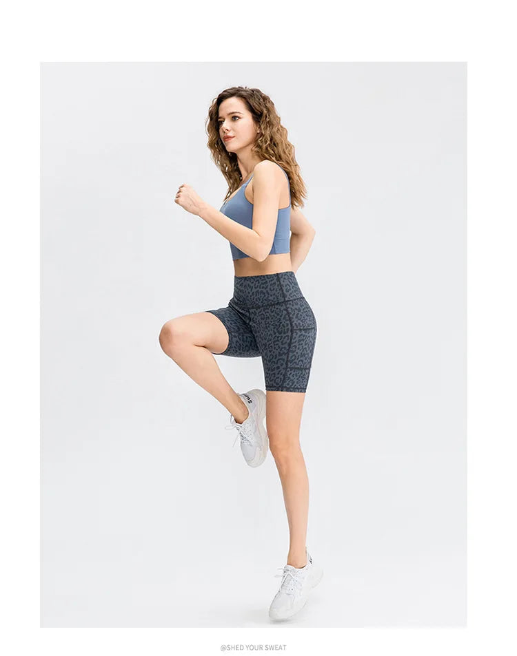 Women's printed nude yoga shorts with pockets skin-friendly tight stretch quick-drying sports fitness hiking running shorts