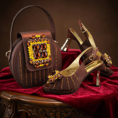 Brown Rhinestone Peep-Toe High Heel Sandals and Bag Set for Women –Elegant Italian Party Shoes Perfect for Wedding