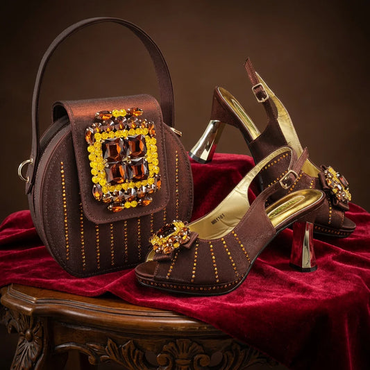 Brown Rhinestone Peep-Toe High Heel Sandals and Bag Set for Women –Elegant Italian Party Shoes Perfect for Wedding