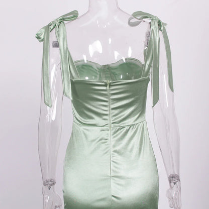 Sexy Sweetheart Ruched Padded Satin Maxi Dress Side Split Tie Up Sleeveless Cocktail Party Evening Bridesmaids PromGown