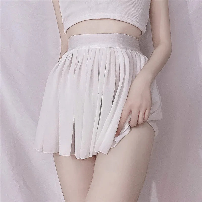 A-Line Pleated Mini Skirt Sheer Sexy Elastic High Waist Black White Solid Lace thin Short Skirts for Woman Spring Summer