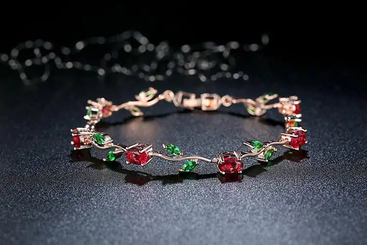 Rose Gold Color Leaf Chain & Link Bracelet with Red + Green AAA Zircon for Mother Gifts Jewelry JIB072