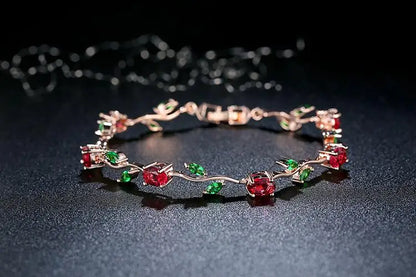 Rose Gold Color Leaf Chain & Link Bracelet with Red + Green AAA Zircon for Mother Gifts Jewelry JIB072