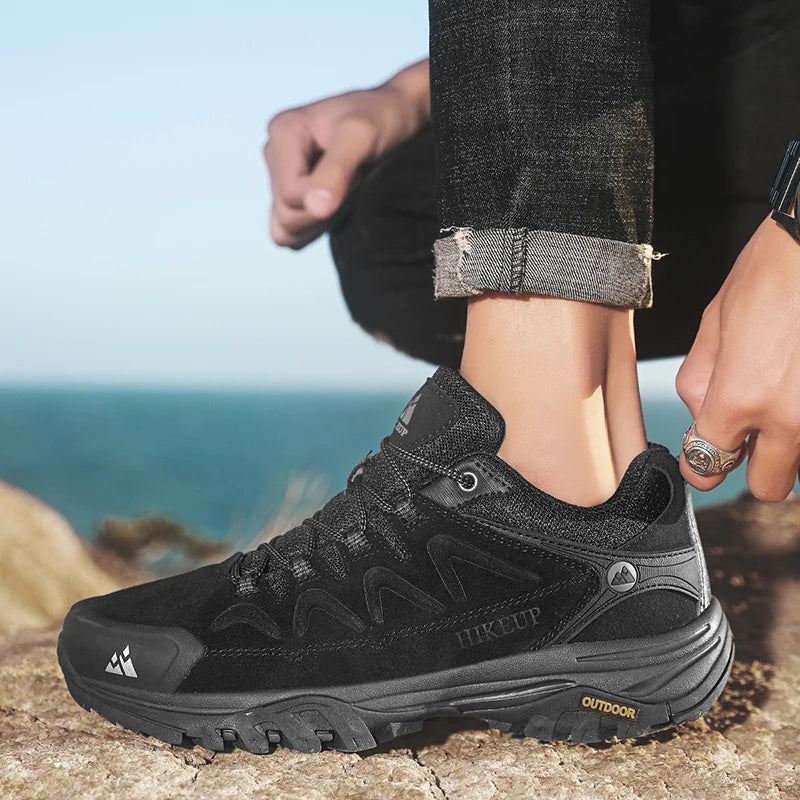 Sapatos Masculinos de Couro HIKEUP para Homens Tênis Casuais Moda Impermeável Inverno Luxo Grife Botas de Trabalho Masculinas Tênis Antiderrapantes